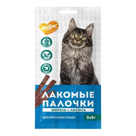 Лакомство для кошек Мнямс палочки с форелью и лососем (3х5г набор) 15г