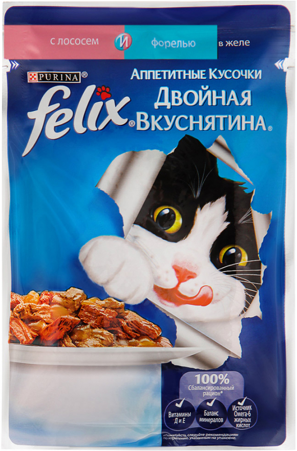 Корм для кошек Феликс Двойная вкуснятина с лососем и форелью в желе 85г