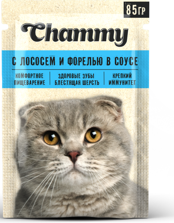 Корм для кошек Чамми с лососем и форелью в соусе 85г
