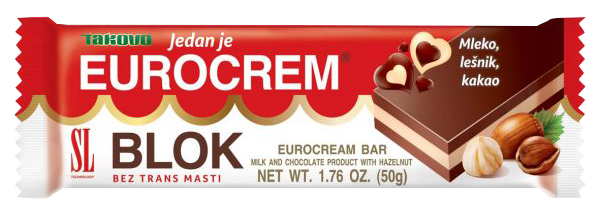 Батончик слоеный какао-молочный с лесным орехом EUROCREM BLOK 50г