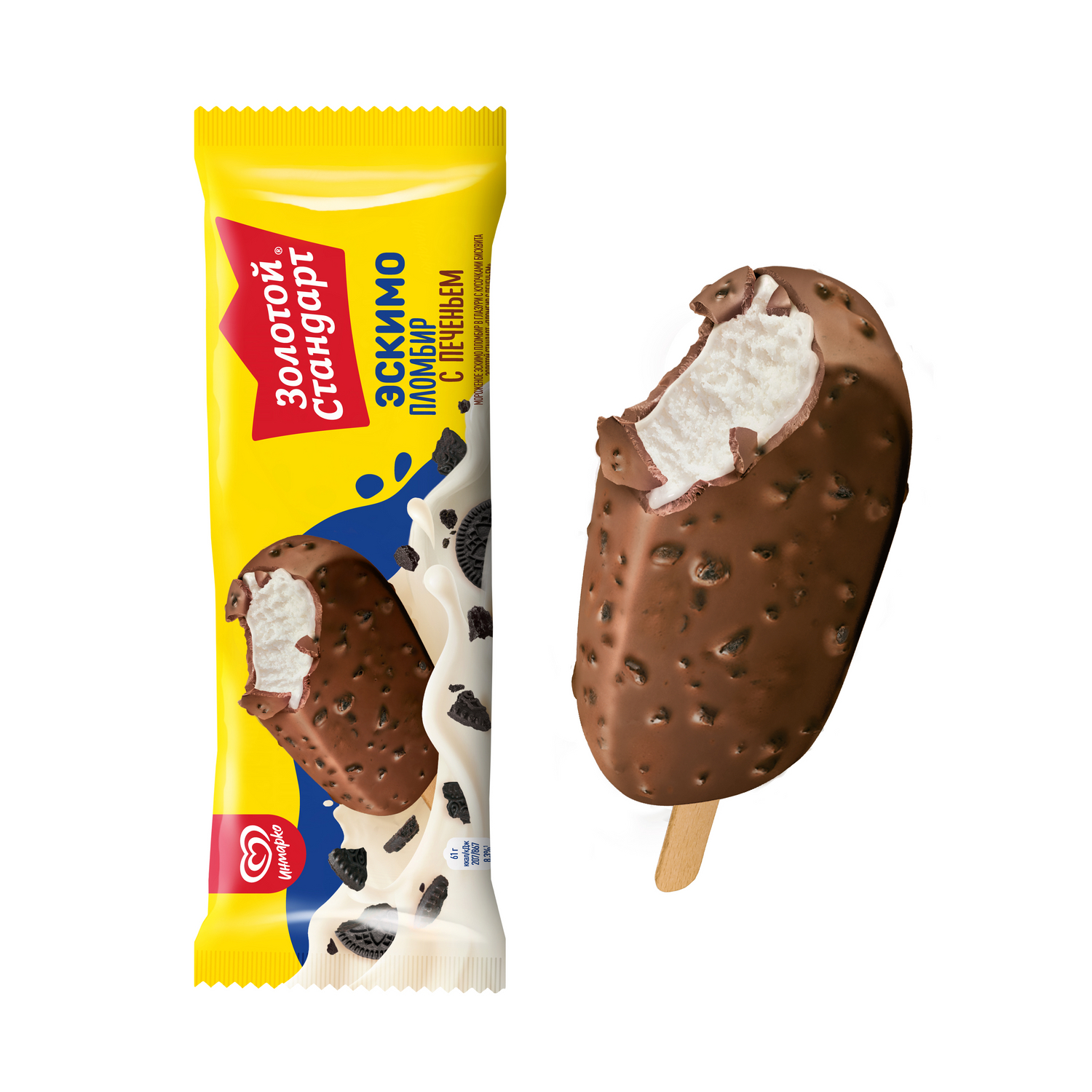 Мороженое Золотой Стандарт пломбир в глазури с печеньем эскимо 61г