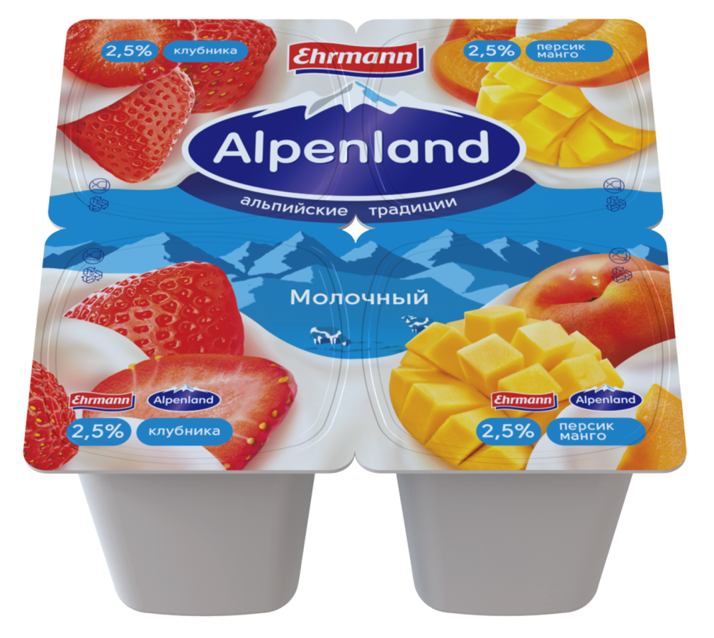 Продукт йогуртный Alpenland клубника,персик-манго 2,5% 95 г